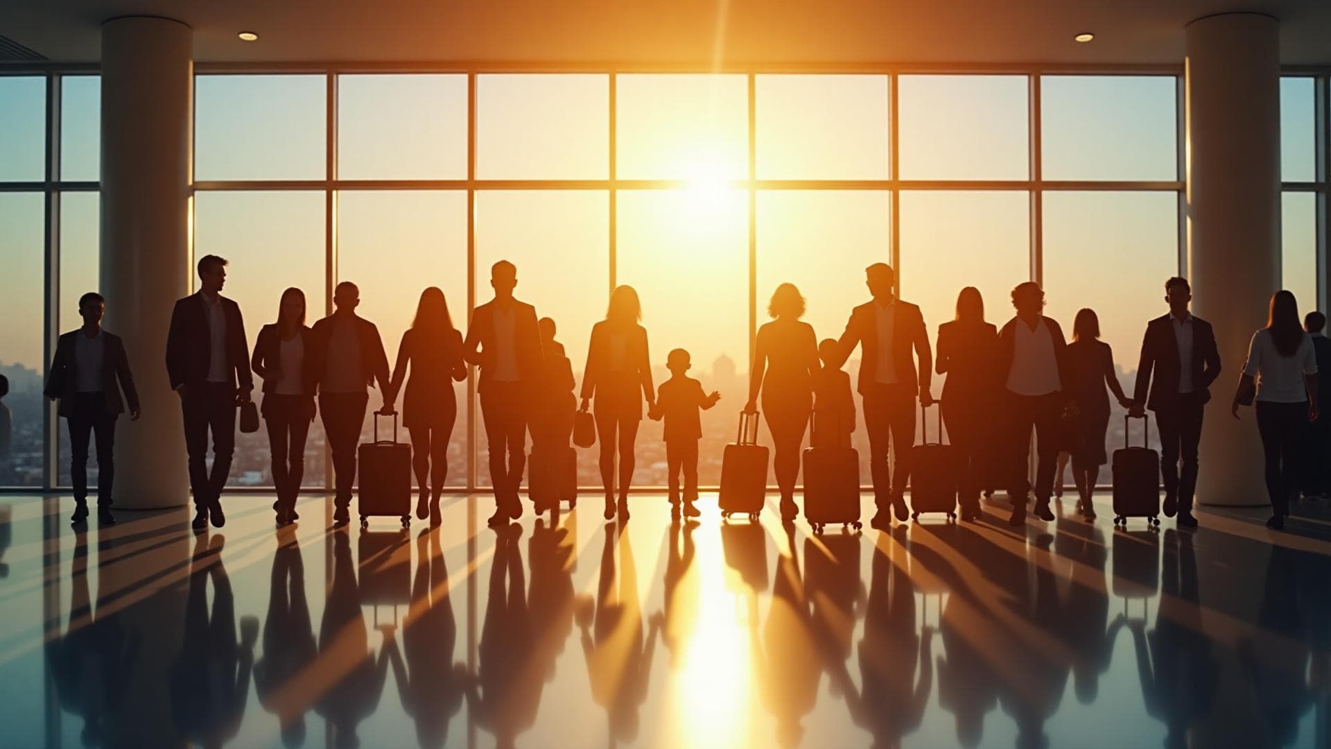 Siluetas de familias y viajeros con equipaje en una terminal de aeropuerto al atardecer
