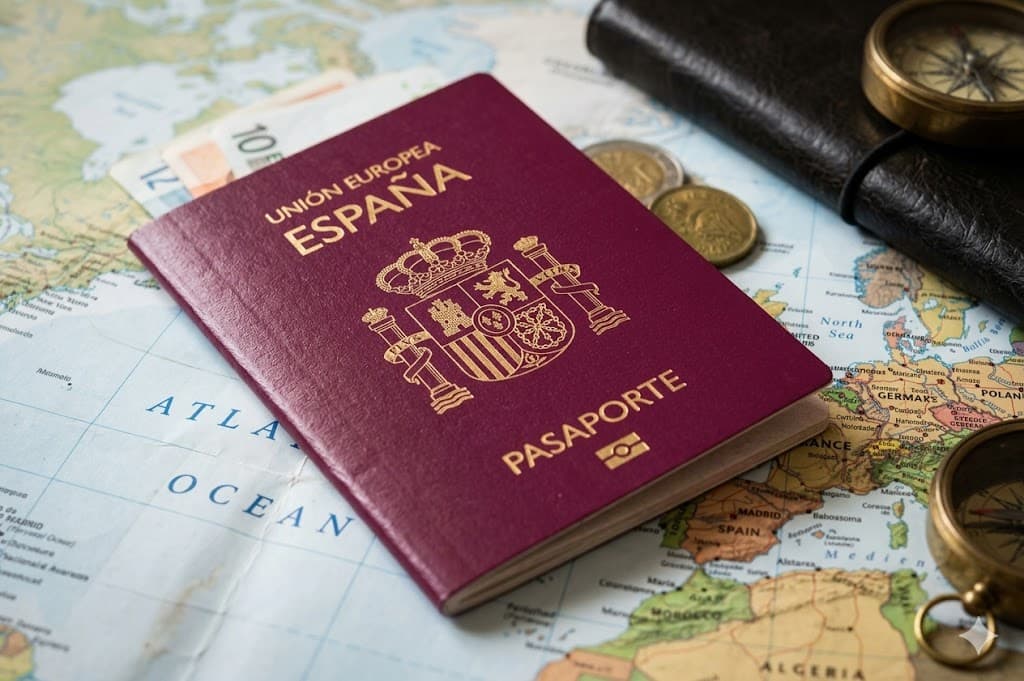 Pasaporte español sobre un mapa